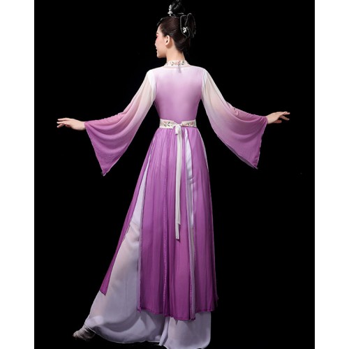 Women princess dresses purple gradient chinese Classical dance performance costume female waterfall Sleeve Hanfu Fairy practice costume